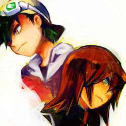 Rule 34 | 2boys, baseball cap, black hair, brown hair, creatures (company), ethan (pokemon), game freak, goggles, goggles on head, green eyes, hat, lowres, male focus, multiple boys, nintendo, pokemon, pokemon adventures, red hair, silver (pokemon), simple background, upper body, white background