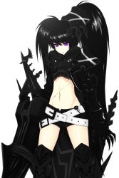 Rule 34 | 10s, 1girl, :o, armor, bad id, bad pixiv id, belt, belt skirt, black hair, black rock shooter, flat chest, gauntlets, greaves, highres, huge weapon, insane black rock shooter, lang (chikage36), long hair, midriff, navel, open mouth, purple eyes, scar, short shorts, shorts, simple background, skull, solo, standing, stitches, sword, twintails, uneven twintails, weapon