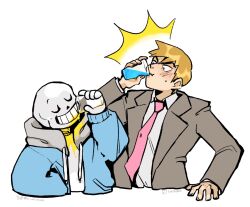 Rule 34 | 2boys, ^^^, ambiguous yellow liquid, blue jacket, blush, bow, bowtie, brown hair, brown jacket, closed eyes, collared shirt, commentary, cup, drinking, english commentary, grin, highres, holding, holding cup, hood, hooded jacket, instagram username, jacket, looking at another, male focus, messy, mob psycho 100, multiple boys, open clothes, open jacket, pouring, pouring onto self, red bow, red bowtie, reigen arataka, sans (undertale), shirt, simple background, skeleton, smile, soda, sunny (poryphone), surprised, tiktok username, tumblr sexyman tournament, tumblr username, twitter username, undertale, white background, white shirt, wing collar