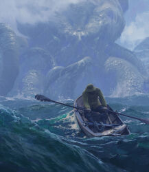 Rule 34 | 1boy, andy walsh, black footwear, boat, boots, coat, cthulhu, cthulhu mythos, fisherman, hat, highres, making-of available, monster, oar, ocean, rope, rowing, sea monster, storm, tentacles, water, watercraft, waves, yellow coat, yellow headwear