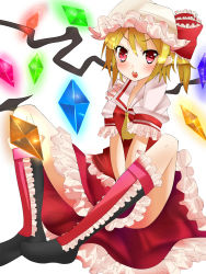 Rule 34 | 1girl, alza, bad id, bad pixiv id, blonde hair, blouse, collared shirt, embodiment of scarlet devil, female focus, flandre scarlet, frilled vest, frills, gradient background, hair between eyes, hat, highres, mob cap, red eyes, shirt, side ponytail, solo, touhou, vest, white background, white hat, white shirt, wings