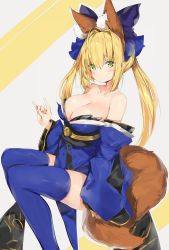 Rule 34 | 1girl, ahoge, animal ear fluff, animal ears, bare shoulders, blonde hair, blue bow, blue kimono, blue sleeves, blue thighhighs, blush, bow, breasts, cleavage, closed mouth, collarbone, commentary request, cosplay, detached sleeves, fate/extra, fate/grand order, fate (series), fox ears, fox girl, fox shadow puppet, fox tail, green eyes, grey background, hair between eyes, hair bow, hair intakes, highres, japanese clothes, kemonomimi mode, kimono, large breasts, long hair, long sleeves, looking at viewer, nero claudius (fate), nero claudius (fate) (all), nero claudius (fate/extra), obi, revision, sash, sidelocks, silver (chenwen), sitting, sleeves past wrists, solo, strapless, tail, tamamo (fate), tamamo no mae (fate/extra), tamamo no mae (fate/extra) (cosplay), thighhighs, twintails, two-tone background, wide sleeves, yellow background