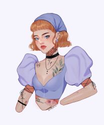 1girl alternate_costume arm_tattoo bandana blonde_hair blue_eyes chest_tattoo choker cinderella_(disney) crop_top disney ear_piercing earrings eyelashes eyeliner fashion highres jewelry looking_at_viewer makeup mole mole_under_eye neck_tattoo piercing puffy_short_sleeves puffy_sleeves short_bangs short_hair short_sleeves simple_background stomach_tattoo tattoo thick_eyebrows thick_lips twitter_username upper_body wavy_hair white_background zeebythesea