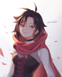 Rule 34 | 1girl, black hair, breasts, cape, choker, closed mouth, corset, gradient hair, grey eyes, long sleeves, looking at viewer, maguro (guromaguro), multicolored hair, parted bangs, petals, red cape, red hair, rose petals, ruby rose, rwby, scarf, short hair, simple background, smile, solo, two-tone hair, white background