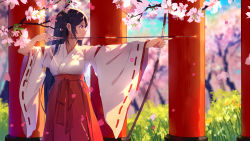 Rule 34 | 1girl, aiming, arrow (projectile), baisi shaonian, bow, bow (weapon), brown hair, cherry blossoms, day, drawing bow, highres, holding bow (weapon), japanese clothes, long hair, miko, original, parted lips, profile, red eyes, solo, torii, traditional clothes, tree, weapon, wide sleeves