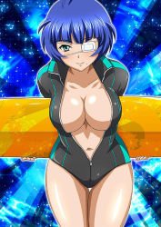 Rule 34 | 00s, 1girl, ahoge, black one-piece swimsuit, blue background, blunt bangs, bodysuit, breasts, cleavage, collarbone, cowboy shot, diving suit, eyepatch, front zipper swimsuit, glowing, green eyes, high collar, holding, holding behind back, ikkitousen, large breasts, legs together, long hair, looking at viewer, meme attire, mole, mole under eye, mole under mouth, navel, one-piece swimsuit, one eye covered, open bodysuit, open clothes, outline, ryomou shimei, short hair, smile, solo, standing, swimsuit, thighs, wetsuit, white outline, zipper