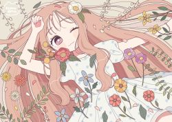 Rule 34 | 1girl, :3, artist name, bracelet, bright pupils, closed mouth, commentary, dress, emma (kumaema), floral print, flower, from above, hair flower, hair ornament, highres, jewelry, leaf, long hair, lying, on back, one eye closed, orange flower, original, outstretched arm, petals, pink eyes, print dress, puffy short sleeves, puffy sleeves, purple flower, red flower, short sleeves, sidelocks, solo, symbol-only commentary, very long hair, white flower, white pupils, yellow flower