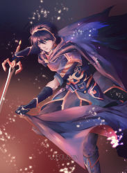 Rule 34 | 1boy, armor, blue eyes, blue hair, cape, colorized, crown, fire emblem, fire emblem: mystery of the emblem, fire emblem: new mystery of the emblem, fire emblem: shadow dragon, gloves, highres, holding, holding weapon, looking at viewer, male focus, marth (fire emblem), nintendo, sword, weapon