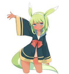 Rule 34 | + +, 1girl, :o, animal ears, arm up, black panties, blue eyes, blush, bow, bowtie, bright pupils, cowboy shot, cropped legs, done (donezumi), green hair, hairband, highres, large tail, leaning to the side, no bra, one-piece tan, original, panties, red bow, red bowtie, simple background, solo, tail, tan, tanline, underwear, white background, wide hips, wide sleeves