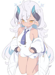 Rule 34 | 1girl, blade (galaxist), blue archive, blue hair, blue necktie, blush, clothing cutout, colored inner hair, commentary request, dark-skinned female, dark skin, demon horns, halo, highres, horns, jacket, kneeling, long hair, multicolored hair, necktie, off shoulder, pointy ears, side cutout, solo, sumomo (blue archive), very long hair, white hair, white jacket, yellow eyes