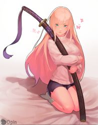 Rule 34 | 1girl, brown hair, closed mouth, dpin (user adhr8855), gradient hair, green eyes, grey socks, holding, holding sword, holding weapon, kneeling, light brown hair, long hair, looking at viewer, multicolored hair, no shoes, original, patterned, scabbard, sheath, sheathed, short shorts, shorts, signature, socks, solo, sweater, sword, turtleneck, turtleneck sweater, watermark, weapon