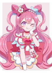 Rule 34 | 1girl, ;q, apron, blush, bow, brooch, choker, commentary, cone hair bun, cure precious, delicious party precure, earrings, gloves, hair bow, hair bun, hand on own cheek, hand on own face, heart, heart brooch, highres, huge bow, jewelry, kome-kome (precure), long hair, magical girl, nagomi yui, one eye closed, pink choker, pink hair, precure, purple eyes, smile, solo, tongue, tongue out, white gloves, yairon0315