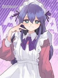 Rule 34 | 1girl, alternate costume, apron, blush, dated, enmaided, frilled apron, frills, hair between eyes, half-heart hands, heart, heart hands, highres, idolmaster, idolmaster million live!, ing&#039;yeo soyeo, long hair, long sleeves, looking at viewer, maid, maid apron, mochizuki anna, neck ribbon, purple hair, purple ribbon, ribbon, smile, solo, very long hair, white apron