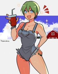 Rule 34 | 1girl, absurdres, artist name, barn, blue eyes, blue overalls, breasts, cleavage, commentary, contrapposto, cup, disposable cup, drinking straw, english commentary, foo fighters (jojo), gluteal fold, green hair, green nails, hand on own hip, highres, huyandere, jojo no kimyou na bouken, medium breasts, open mouth, overalls, short eyebrows, short hair, signature, smile, solo, sparkling aura, stone ocean, sweat, torn clothes