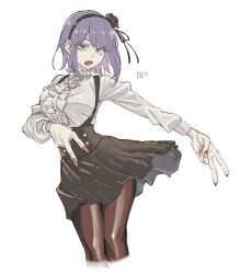 Rule 34 | 1girl, black flower, black hairband, black pantyhose, black rose, blue eyes, breasts, center frills, cropped legs, dagashi kashi, double v, flower, frilled shirt collar, frills, hairband, high-waist skirt, highres, kotoyama, large breasts, long hair, lower teeth only, open mouth, outstretched arm, pantyhose, parted bangs, pink lips, purple hair, ringed eyes, rose, shidare hotaru, shirt, short hair, simple background, skirt, solo, suspender skirt, suspenders, teeth, v, white background, white shirt