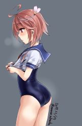 Rule 34 | 1girl, absurdres, ahoge, blue sailor collar, breath, clothes pull, cowboy shot, dated, grey background, hair ornament, highres, i-58 (kancolle), kantai collection, minase (takaoka nanase), neckerchief, one-piece swimsuit, pink hair, red eyes, sailor collar, school swimsuit, school uniform, serafuku, shirt pull, short hair, simple background, solo, standing, swimsuit, swimsuit under clothes, twitter username, wet, wet clothes