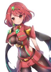 Rule 34 | 1girl, armor, backless outfit, black gloves, bob cut, breasts, chest jewel, core crystal (xenoblade), drop earrings, earrings, fingerless gloves, gloves, gluteal fold, hand on own chest, herunia kokuoji, highres, impossible clothes, jewelry, large breasts, nintendo, pantyhose, pantyhose under shorts, pyra (xenoblade), red eyes, red hair, red shorts, short hair, short shorts, short sleeves, shorts, shoulder armor, skindentation, solo, super smash bros., suspenders, swept bangs, thighhighs, thighhighs over pantyhose, tiara, xenoblade chronicles (series), xenoblade chronicles 2