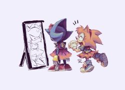 Rule 34 | 1boy, 1girl, 9474s0ul, amy rose, animal ears, animal nose, closed eyes, commentary, crossdressing, dress, english commentary, full-length mirror, full body, furry, furry female, gloves, happy, highres, looking at mirror, metal sonic, mirror, open mouth, orange skirt, own hands clasped, own hands together, puffy short sleeves, puffy sleeves, robot, shirt, shoes, short sleeves, simple background, skirt, smile, sonic (series), sonic the hedgehog (classic), standing, white background, white gloves