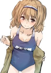 Rule 34 | 10s, 1girl, bare shoulders, breasts, brown eyes, cleavage, hairband, highres, i-26 (kancolle), kantai collection, light brown hair, long hair, new school swimsuit, one-piece swimsuit, school swimsuit, shirotaso0818, short sleeves, sketch, smile, solo, swimsuit, thigh gap, two-tone hairband, two side up, undressing, white background