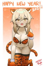 Rule 34 | 1girl, 2022, absurdres, animal ears, animal print, bikini, blonde hair, breasts, chinese zodiac, cleavage, dated, english text, genshin impact, gloves, happy new year, highres, large breasts, lumine (genshin impact), new year, open mouth, orange bikini, orange gloves, orange thighhighs, ryle, swimsuit, tail, thighhighs, thighs, tiger ears, tiger print, tiger tail, year of the tiger, yellow eyes