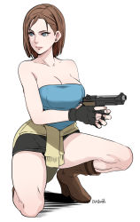 Rule 34 | 1girl, bad proportions, bare shoulders, boots, breasts, brown hair, butcha-u, casual, cleavage, clothes around waist, fingerless gloves, flat color, gloves, grey eyes, gun, handgun, highres, jill valentine, large breasts, miniskirt, on one knee, pencil skirt, pistol, resident evil, resident evil 3, resident evil 3: nemesis, revision, short hair, skirt, solo, strapless, sweater, sweater around waist, trigger discipline, tube top, weapon, white background