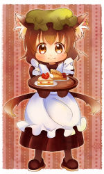 Rule 34 | 1girl, animal ears, apron, blush, brown eyes, brown hair, cake, cat ears, cat tail, chen, food, hat, maid apron, multiple tails, nekomata, solo, tail, takamoto akisa, touhou, tray, two tails