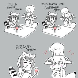 Rule 34 | 10s, 2girls, ^ ^, animal ears, arms behind back, beolseoneunseobeol, blush, bow, bowtie, buttons, chef, chef hat, chef, closed eyes, closed mouth, comic, common raccoon (kemono friends), crossed arms, cup, drink, drinking glass, english text, closed eyes, fennec (kemono friends), fox ears, fox tail, greyscale, hand up, hands up, hat, holding, holding cup, kemono friends, long sleeves, looking at another, monochrome, multiple girls, ok sign, open mouth, plate, puffy short sleeves, puffy sleeves, raccoon ears, raccoon tail, short hair, short sleeves, smile, spot color, striped tail, sweater, table, tail, upper body