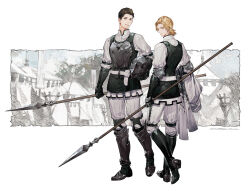 2boys arm_belt armor armored_gloves belt black_belt blonde_hair blue_eyes breastplate brown_hair collared_shirt commentary_request dion_lesage final_fantasy final_fantasy_xvi full_body gloves greaves helm helmet holding holding_polearm holding_weapon looking_at_viewer male_focus multiple_boys pants parted_lips polearm shirt short_hair striped_clothes striped_pants terrence_(ff16) twitter_username unworn_headwear unworn_helmet weapon white_background white_belt white_pants white_shirt xiling yellow_eyes