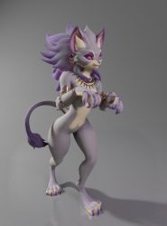 Rule 34 | 1girl, 3d, alternate form, animal ears, animal hands, armlet, artist request, bracelet, breasts, cat ears, cat girl, cat tail, claws, colored sclera, earrings, fangs, furry, grey background, highres, isabella (seiken densetsu 3), jewelry, medium breasts, no pussy, nude, purple fur, purple hair, red sclera, ring, seiken densetsu, seiken densetsu 3, slit pupils, smile, source request, standing, tail, thighs, walking, wide hips