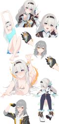 Rule 34 | 2girls, :i, absurdres, armpits, barefoot, blush, breasts, bridal gauntlets, collarbone, completely nude, convenient censoring, double v, feet, fire, firefly (honkai: star rail), grey hair, hair between eyes, hairband, head tilt, heelio, highres, honkai: star rail, honkai (series), long hair, looking at viewer, looking to the side, lying, medium breasts, multicolored eyes, multiple girls, multiple views, nude, on stomach, one eye closed, open mouth, paw pose, pout, single bridal gauntlet, single off shoulder, sitting, smile, soles, stelle (honkai: star rail), stretching, thighhighs, trailblazer (honkai: star rail), v, white background, yellow eyes