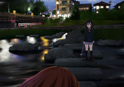 Rule 34 | 1girl, bad id, bad pixiv id, black hair, blush, bridge, brown eyes, in-universe location, k-on!, long hair, nakano azusa, night, official style, ragho no erika, river, rock, school uniform, skirt, standing, statue, turtle, twintails