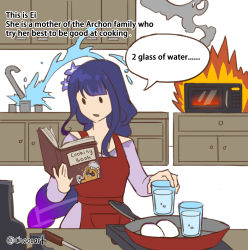 Rule 34 | 1girl, absurdres, alternate costume, apron, blunt bangs, book, braid, broken, cabinet, cameo, casual, cheocart, commentary, contemporary, cup, drinking glass, egg, english commentary, english text, fire, frying pan, genshin impact, gradient hair, guoba (genshin impact), hair ornament, highres, holding, holding book, kitchen, long hair, low ponytail, microwave, multicolored hair, portable stove, purple hair, raiden shogun, reading, short sleeves, sidelocks, single braid, sink, solo, water