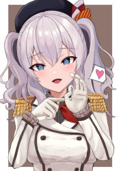 Rule 34 | 1girl, beret, blue eyes, epaulettes, flat4, frilled sleeves, frills, gloves, grey hair, hat, heart, jacket, kantai collection, kashima (kancolle), long hair, long sleeves, looking at viewer, military, military jacket, military uniform, neckerchief, open mouth, penetration gesture, red neckerchief, sidelocks, solo, twintails, uniform, upper body, wavy hair, white gloves