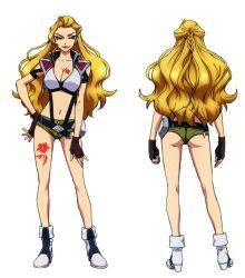 Rule 34 | 1girl, ass, blonde hair, blue eyes, breasts, cleavage, closed mouth, cross ange, earrings, full body, green shorts, highres, jewelry, large breasts, long hair, looking at viewer, midriff, multiple views, navel, official art, shorts, simple background, smile, tattoo, white background, zola axberg