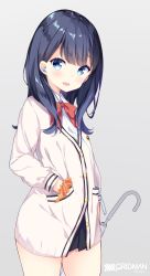 Rule 34 | 10s, 1girl, :d, black hair, blue eyes, blush, bow, bowtie, buttons, cable, cardigan, closed umbrella, commentary request, copyright name, cowboy shot, earphones, grey background, gridman universe, hand in pocket, highres, holding, holding umbrella, long hair, long sleeves, looking at viewer, microskirt, mimura zaja, open mouth, pleated skirt, pocket, red bow, red bowtie, school uniform, scrunchie, simple background, skirt, smile, solo, ssss.gridman, standing, takarada rikka, twitter username, umbrella, wrist scrunchie