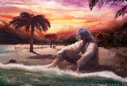 Rule 34 | 1boy, baggy pants, barefoot, beach, blue hair, brown pants, brown vest, closed mouth, clown (ragnarok online), collared shirt, commentary, commentary request, dated, ekaterina orange, english commentary, facial tattoo, full body, in-universe location, looking afar, looking to the side, medium hair, mountain, mountainous horizon, ocean, orange sky, palm tree, pants, people, pier, ragnarok online, scenery, shirt, signature, sitting, sky, solo focus, sunset, tattoo, teardrop tattoo, tree, vest, water, watermark, waves, web address, white shirt