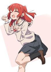 Rule 34 | 1girl, absurdres, bocchi the rock!, brown footwear, closed eyes, highres, kita ikuyo, leg up, loafers, long hair, long sleeves, oekakiism, one side up, open mouth, paw pose, pleated skirt, red hair, school uniform, shoes, skirt, smile, solo