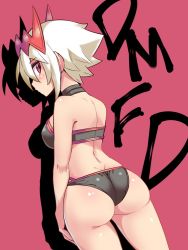 Rule 34 | 1girl, ass, bare shoulders, bikini, black bikini, blush, breasts, cougar (cougar1404), cowboy shot, dragon: marked for death, empress (dmfd), from behind, large breasts, looking at viewer, looking back, medium breasts, panties, red background, red eyes, shiny clothes, shiny skin, short hair, sideboob, silver hair, simple background, solo, swimsuit, underwear, wedgie