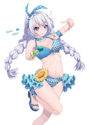 Rule 34 | &gt;:o, 1girl, :o, aiming, aiming at viewer, bikini, blue bikini, blue eyes, braid, breasts, choker, cleavage, flower, hair ornament, hairband, hairclip, highres, honkai (series), honkai impact 3rd, jewelry, kiana kaslana, large breasts, long hair, looking at viewer, navel, necklace, neps-l, pointing, pointing at viewer, silver hair, solo, standing, standing on one leg, star (symbol), star hair ornament, star necklace, sunflower, swimsuit, twin braids, v-shaped eyebrows, very long hair, water gun, white background
