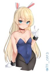 Rule 34 | 1girl, alternate costume, animal ears, blonde hair, blue eyes, blue leotard, blush, bow, bowtie, choker, covered navel, fake animal ears, fake tail, jervis (kancolle), kantai collection, leotard, long hair, looking at viewer, pantyhose, playboy bunny, rabbit ears, rabbit tail, smile, solo, strapless, strapless leotard, tail, tf cafe, traditional bowtie, wrist cuffs