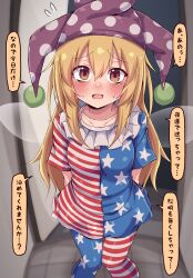 1girl american_flag_dress american_flag_legwear blonde_hair blush brown_eyes clownpiece collarbone commentary_request dress feet_out_of_frame flying_sweatdrops hair_between_eyes hat highres jester_cap long_hair looking_at_viewer neck_ruff open_mouth pantyhose polka_dot_headwear purple_hat short_sleeves siw0n solo speech_bubble standing sweat touhou translation_request