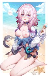 Rule 34 | 1girl, @ @, barefoot, beach, blue eyes, blue sky, blush, bottomless, breasts, breasts out, camera, cleft of venus, cloud, commentary request, day, feet, fingerless gloves, food, gloves, hair between eyes, highres, holding, holding food, holding ice cream, honkai: star rail, honkai (series), ice cream, jacket, long hair, long sleeves, looking at viewer, march 7th (honkai: star rail), medium breasts, multicolored eyes, open mouth, outdoors, pink hair, pom-pom (honkai: star rail), purple eyes, pussy, pussy peek, sand, shirt, single fingerless glove, sitting, sky, spoken blush, starfish, tied jacket, wangzili shitoumen, water, white shirt
