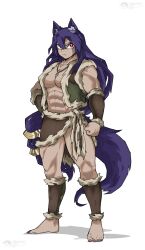 Rule 34 | 1girl, abs, animal ears, barbarian, breasts, cleavage, clenched hand, frown, fur trim, highres, jewelry, large breasts, long hair, looking to the side, muscular, muscular female, necklace, open clothes, open vest, original, purple hair, red eyes, rekid3su, scar, scar on face, skirt, solo, tail, vest, white background