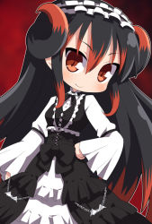 Rule 34 | 1girl, black background, black bow, black dress, black hair, black hairband, blush, bow, bran (oshiro project), brown eyes, closed mouth, commentary request, dress, fang, fang out, frilled hairband, frills, gothic lolita, gradient background, gradient hair, hair between eyes, hairband, hand on own hip, lolita fashion, long hair, long sleeves, looking at viewer, multicolored hair, osaragi mitama, oshiro project:re, red background, red hair, shirt, sleeveless, sleeveless dress, smile, solo, very long hair, white shirt, wide sleeves