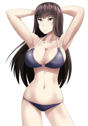 Rule 34 | 1girl, absurdres, bikini, black hair, blue bikini, blush, breasts, brown eyes, cleavage, closed mouth, female focus, girls und panzer, highres, large breasts, long hair, looking at viewer, miraino tsubasa, navel, nishizumi shiho, simple background, solo, swimsuit, white background