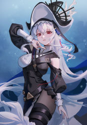 Rule 34 | 1girl, arknights, bare shoulders, black headwear, black pantyhose, blue nails, breasts, chinese commentary, cowboy shot, detached sleeves, highres, long hair, long sleeves, looking at viewer, medium breasts, nail polish, pantyhose, red eyes, shanwenyufan, silver hair, solo, specter (arknights), specter the unchained (arknights), thighhighs, thighs, very long hair, yuchenz34382399