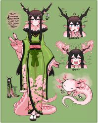 Rule 34 | absurdres, antennae, axolotl, blue eyes, cherry blossom print, cherry blossoms, claws, closed eyes, commentary, english commentary, floral print, full body, green background, highres, japanese clothes, kimono, long hair, neck, open mouth, original, pointy ears, sandals, smile, tail, tenk, v