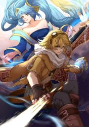 Rule 34 | 1boy, 1girl, belt, blonde hair, blue dress, blue eyes, blue hair, boots, breasts, citemer, cleavage, dress, ezreal, gloves, goggles, goggles on head, highres, league of legends, liuruoyu8888, long hair, long sleeves, pants, short hair, smile, sona (league of legends), twintails