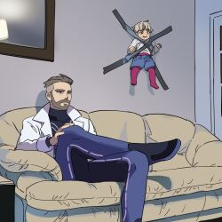 Rule 34 | 2boys, arven (pokemon), beard, bodysuit, brown eyes, brown hair, child, closed mouth, coat, couch, creatures (company), crossed legs, duct tape, facial hair, father and son, game freak, highres, indoors, kid taped to wall (meme), long sleeves, male focus, meme, multiple boys, nintendo, open clothes, open coat, pantyhose, pkmnrkgk, pokemon, pokemon sv, shirt, short hair, shorts, sitting, tape, turo (pokemon), undercut, white coat