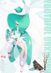 Rule 34 | 1girl, aqua hair, bare legs, blush, bow, bracelet, buddha, cape, cup, flat chest, flower, full body, hair bow, hair ornament, jewelry, kaede (shijie heping), kettle, leaning back, long hair, multiple hair bows, original, red eyes, see-through, see-through shirt, short sleeves, smile, solo, two-tone footwear, wide sleeves